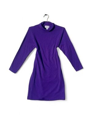 Vintage 80s Purple Ribbed Mock Neck Bodycon Sweater Dress Cottagecore
